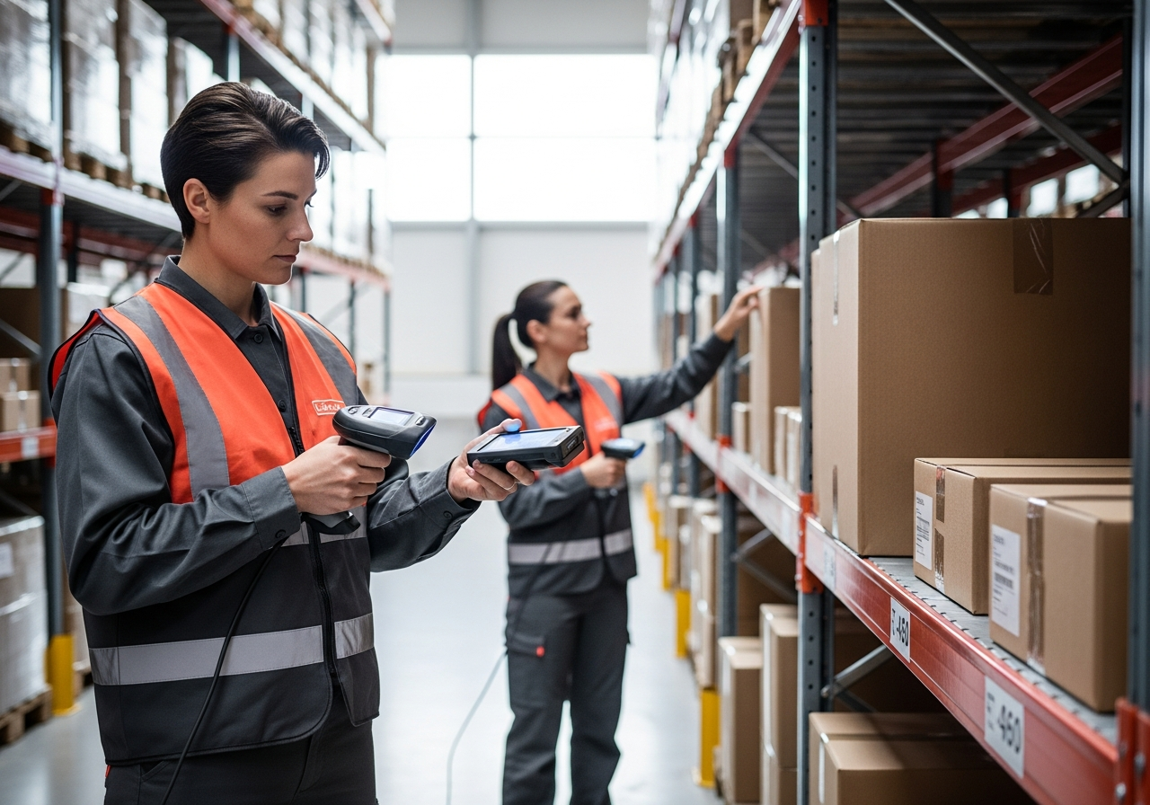 Warehouse workers scanning packages